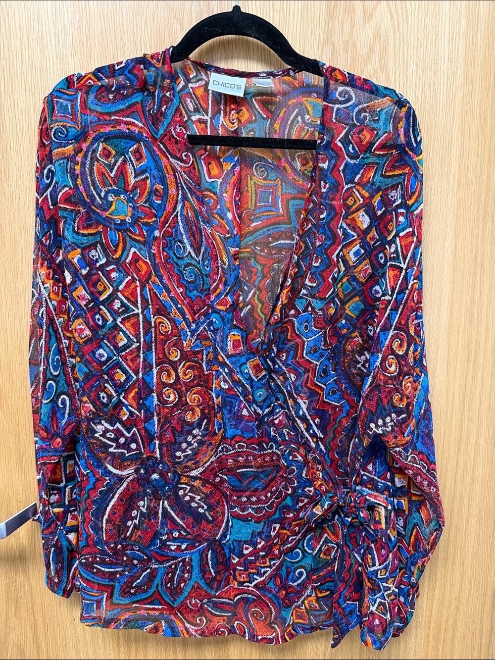 Vintage Chico's 100% Silk Multicolor Wrap Blouse — Red, Blue, Orange Accent